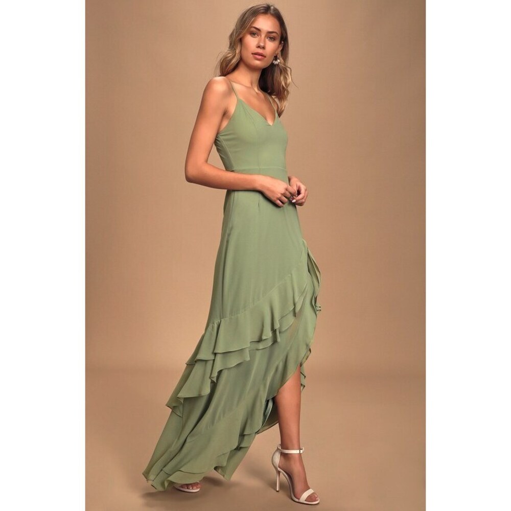 NWT Lulus Esther Sage Brush Ruffled Sleeveless Maxi Dress Green - Size L